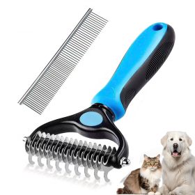 Pet Grooming Brush and Metal Comb Combo, Cat Brush Dog Brush for Shedding (Color: Blue)